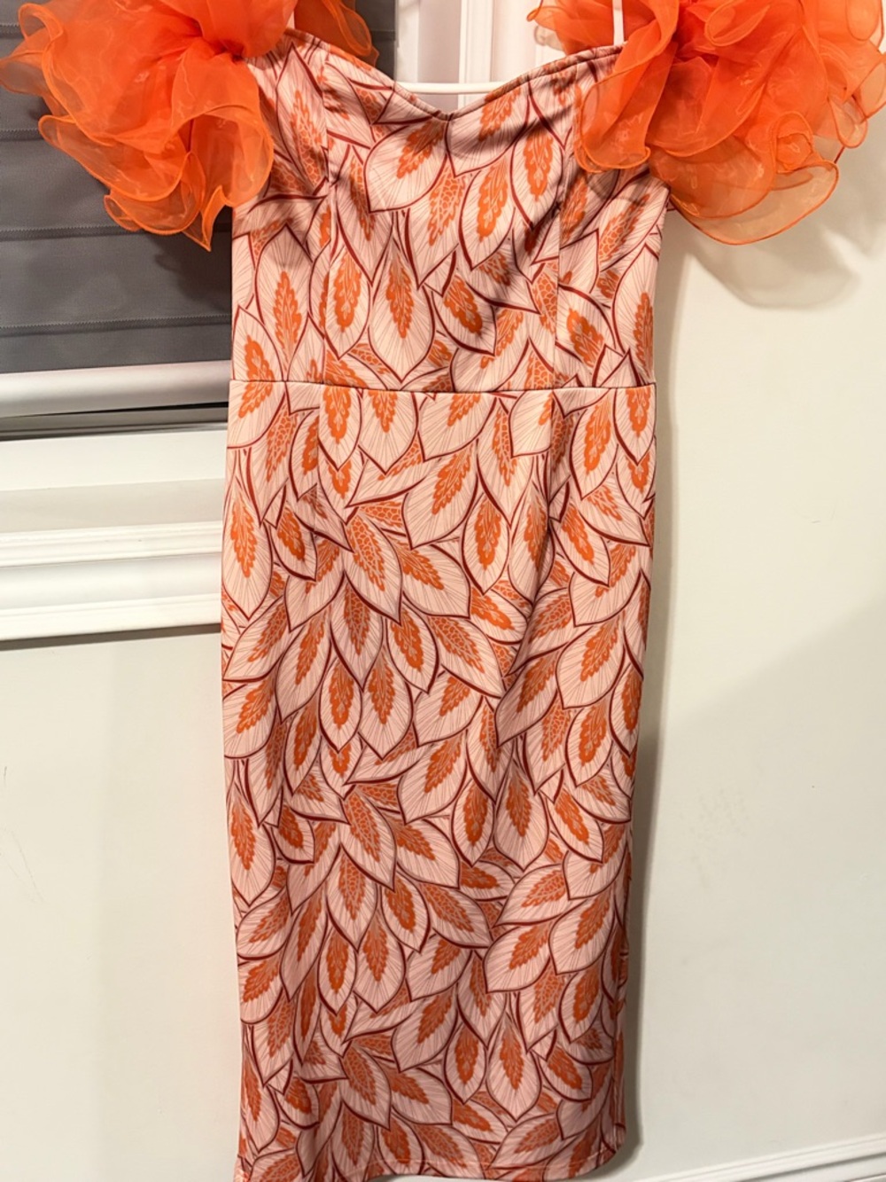 Orange Leaf-Print Puff-Sleeve Midi Dress